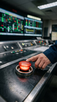 Operator hand pushing illuminated red emergency shutdown button on control console
