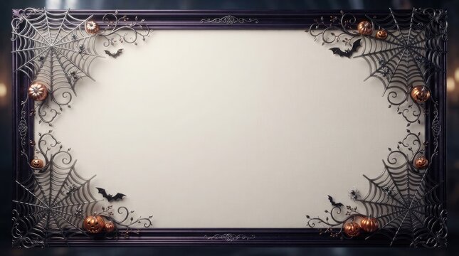 A spooky halloween themed rectangular frame featuring dark gothic ornaments and cobwebs with a blank center for custom text copy