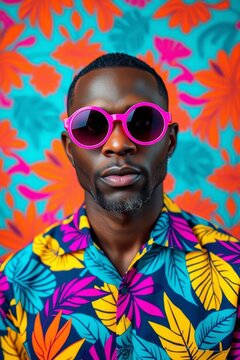  Stylish Black man in pink round sunglasses and vibrant tropical shirt against colorful floral background
