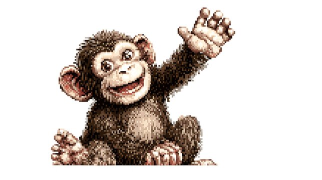 Retro Pixel Art Cute Monkey Character Waving Hand On White.
