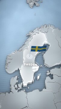 3D extruded map of Sweden, Northern Europe, featuring a glowing country highlight, a waving Swedish flag, and 3D typography for a vertical mobile app promo.
