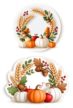 Autumn wreath with wheat, oak leaves, acorns, pumpkins and apples; isolated on white background illustration