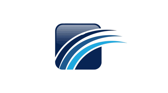Glossy dark blue square logo icon featuring dynamic light blue swoosh motion lines isolated against white
