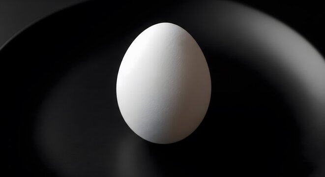 Single Egg in Black Pan: A pristine white egg sits perfectly centered on a dark, smooth pan, its smooth surface reflecting subtle light, creating a minimalist and elegant culinary still life.