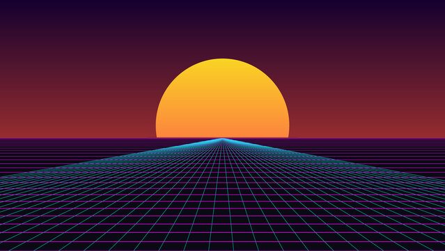 Retro synthwave sunset over a digital grid landscape with neon horizon line