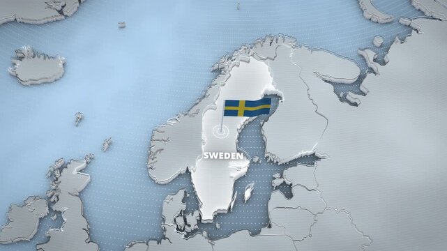 3D extruded map of Sweden, Northern Europe, featuring a glowing country highlight, a waving Swedish flag, and 3D typography for a widescreen broadcast background.
