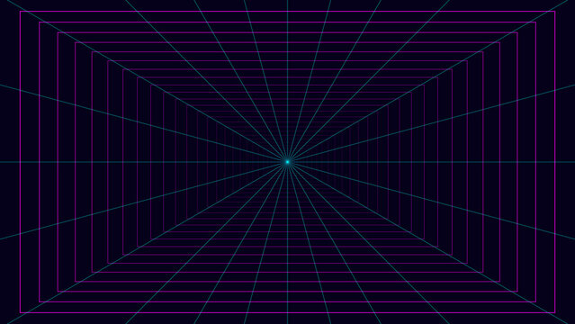 Abstract digital grid tunnel with glowing center point in neon purple and blue light