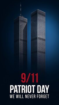 World Trade Center twin towers on dark blue background commemorates Patriot Day memorial as tribute to victims for remembrance events and social media graphics regarding September 11.