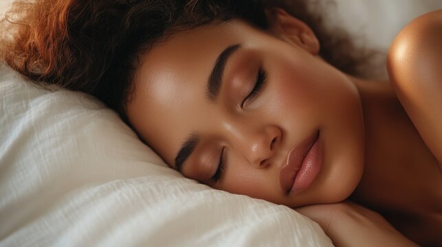 woman sleeping peacefully, with a radiant complexion and white sheets; authentic skincare concept, generative ai