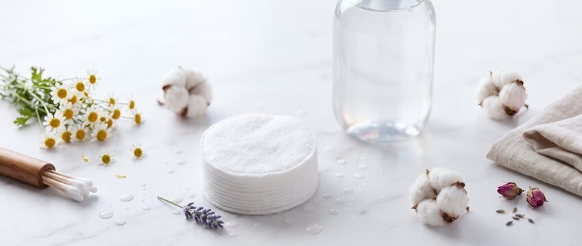 Stack of white cotton makeup remover pads with a bottle of liquid chamomile flowers and cotton bolls on a marble surface