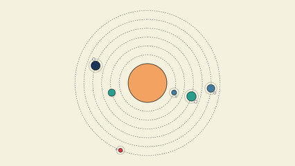 Minimalist solar system diagram with planets orbiting a central sun against a soft cream background © Nazrulnt01