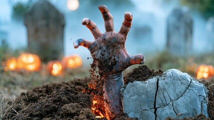 Fototapeta premium Zombie hand emerging from grave in a spooky Halloween scene with carved pumpkins glowing in the background and fog enveloping the graveyard