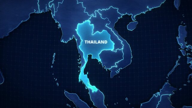 Digital map animation highlighting Thailand, Southeast Asia, featuring glowing cyan borders, scanline textures, and clean typography, ideal for a broadcast news graphic or presentation backdrop.
