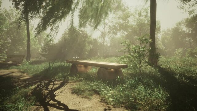 Soft sunlight filters through lush trees, casting gentle shadows on a quiet path. A wooden bench invites peaceful contemplation amid the serene greenery in the early morning.