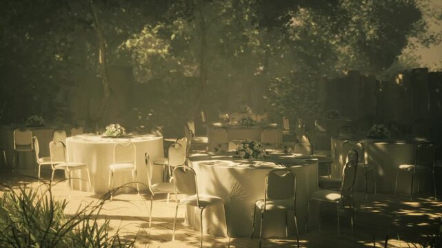 Set in a peaceful garden, tables draped in white linens are surrounded by lush greenery. Soft light filters through the trees, creating a romantic ambiance as nature embraces the scene.