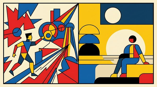 Abstract Geometric Human Characters in Bauhaus Style Composition
