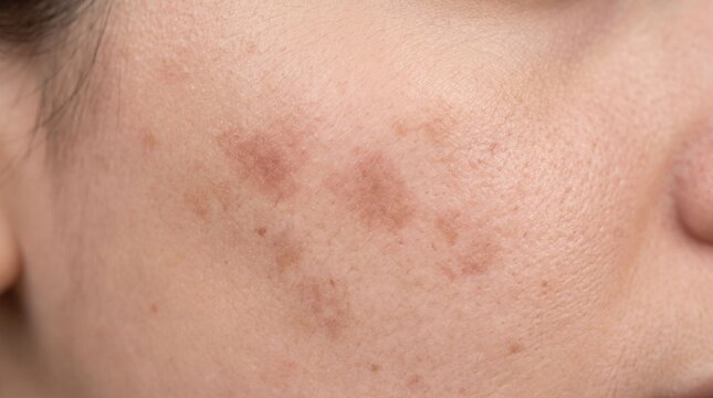 Close up shot of brown melasma pigmentation spots on cheek