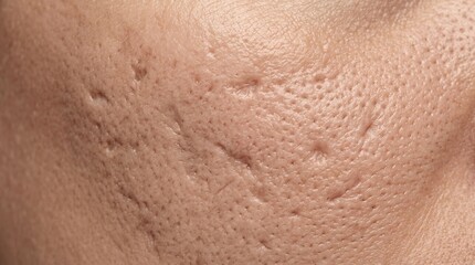 Fototapeta premium Macro shot of deep rolling acne scars and pores on cheek