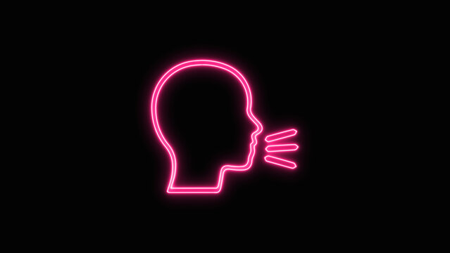 Glowing colorful neon icon of a human head talking speaking or coughing representing voice command communication and speech isolated on black background