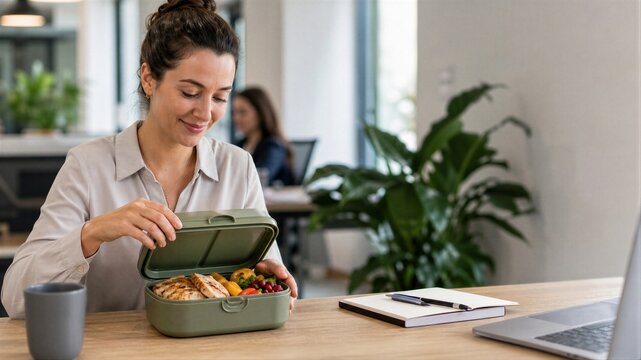 Woman eating healthy lunch from reusable container in modern office. Employee enjoying homemade meal during break time. Sustainability and eco friendly lifestyle at work concept.