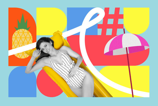Smiling Young Woman Enjoying Sun On Yellow Inflatable Raft In Bright Swimming Pool, Relaxing At Summer Day. Cheerful Atmosphere Promoting Relaxation And Enjoyment In Outdoor Setting.