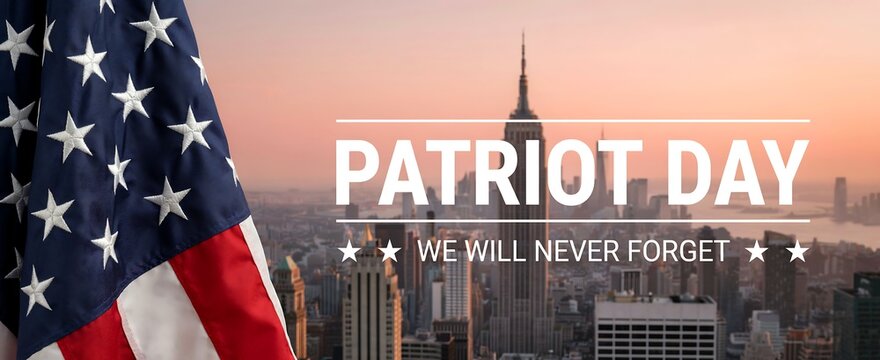 New york city skyline sunset with patriot day text and american flag corner celebrates resilience and remembrance for national memorial day honoring those lost in historic events.