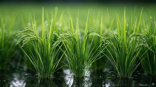 Lush green rice plants growing in flooded paddy fields with water droplets