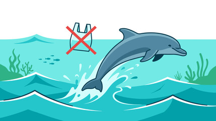 Naklejka premium Dolphin jumping in turquoise ocean waves with clean water and zero plastic environmental concept