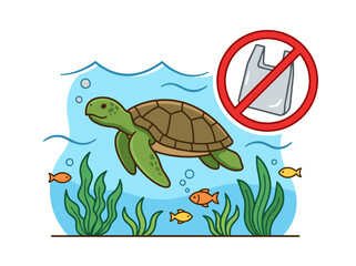Fototapeta premium Sea turtle swimming in clear ocean water with no plastic bag symbol showing marine pollution prevention concept