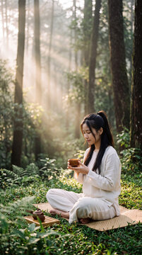Woman Drinking Tea in a Forest with Morning Sunlight