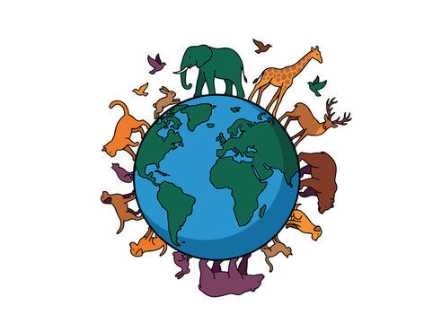 Earth globe surrounded by animals in flat illustration style showing wildlife diversity conservation concept
