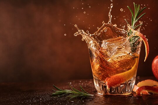 Glass of apple cocktail with dynamic splash and ice cube. Refreshing nonalcoholic beverage with rosemary garnish.