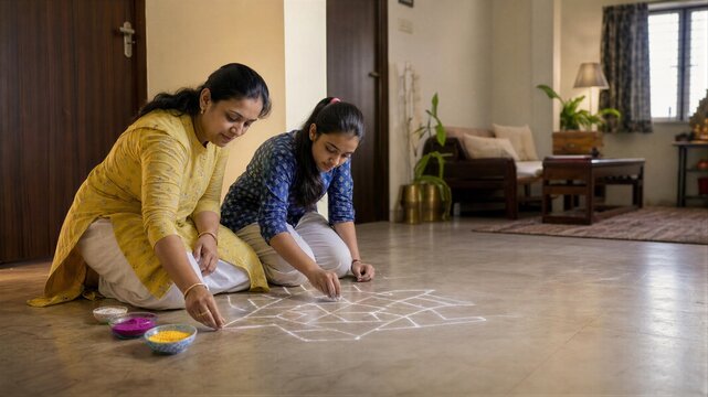 Woman and girl making rangoli pattern on floor at home. Indian mother and daughter drawing traditional chalk design for Diwali celebration.