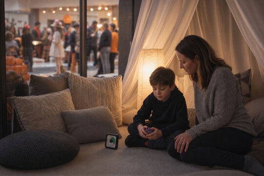 Woman and boy sitting in a sensory-friendly quiet corner during a busy Halloween party. Inclusive event concept for neurodivergent children.
