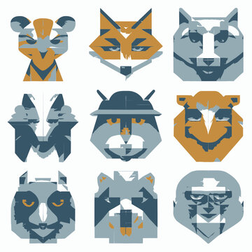 Abstract Geometric Animal Faces Collection. Stylized Wildlife Illustrations in Polygonal Vector Art Style.