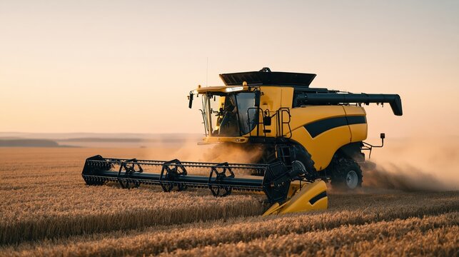 Yellow combine harvester working in a golden wheat field at sunset