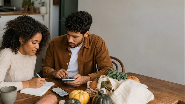 Woman and man planning grocery budget at table with fresh vegetables. Couple calculating household expenses for holiday dinner.