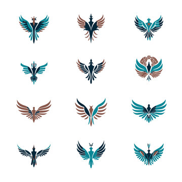 Collection of Abstract Phoenix Bird Emblems and Winged Creature Vector Logos for Branding and Design Projects, Elegant Mythical Symbols
