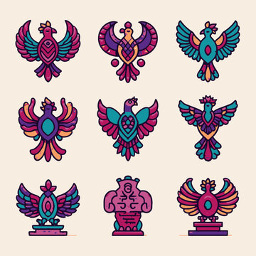 Vibrant Geometric Mythical Bird Emblems Set - Abstract Eagle, Phoenix, and Fantasy Bird Vector Icons