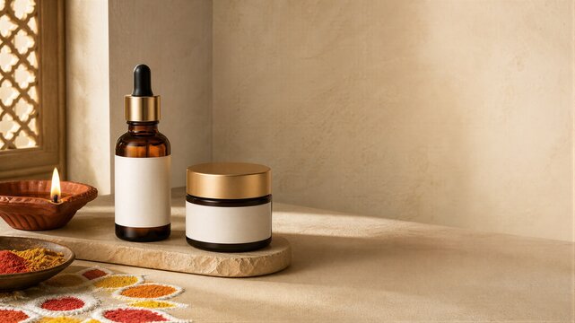 Amber glass serum bottle and cream jar on stone stand. Skincare product with diya candle and rangoli decoration.