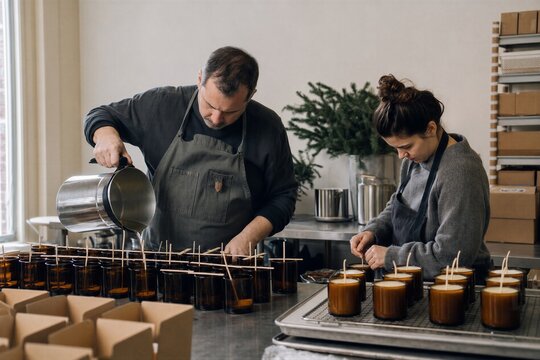 Man and woman crafting natural candles in workshop. Artisans pouring melted wax into glass jars to create handmade product. Small business manufacturing process and creative hobby.