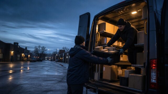 Courier handing a parcel crate to a colleague from the back of a delivery van at dusk. Logistics and shipment worker loading a package in a city.