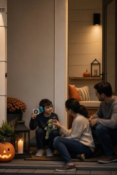 Parents supporting neurodivergent boy with noise canceling headphones and communication card during evening porch rest.