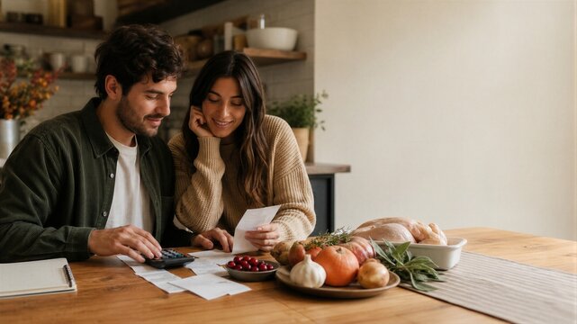 Man and woman planning budget for Thanksgiving dinner. Couple calculating grocery expenses and checking receipt at home table with seasonal vegetables.