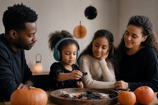 Family with child wearing headphones making Halloween decorations at home. Parents and daughter crafting with paper cutouts during autumn holiday.