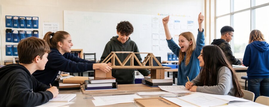 Group of students testing handmade cardboard bridge model in school classroom. Excited teenagers celebrating engineering project success.