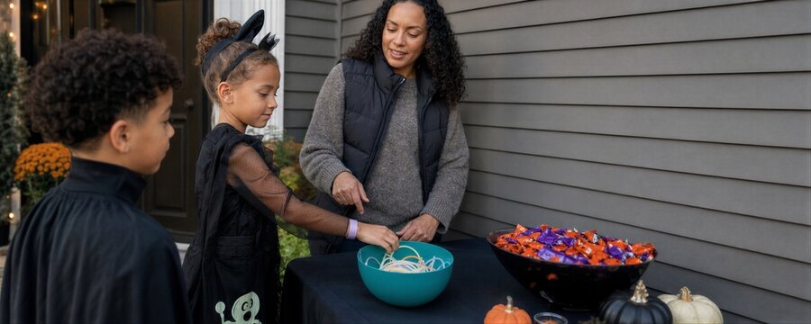 African american woman handing out treats to kid in costume on Halloween. Girl choosing glow stick from bowl while boy waits.