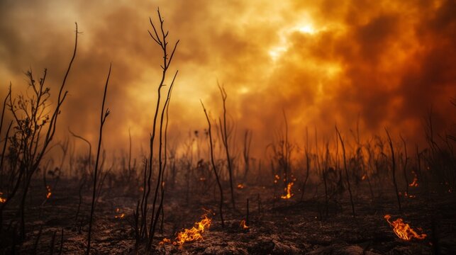 scorched vegetation under a smoke-filled sky; climate emergency generative ai