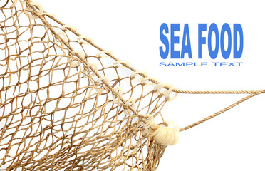 Old brown fishing net closeup isolated on white background with sea food text space, equipment ©  SobuzForge