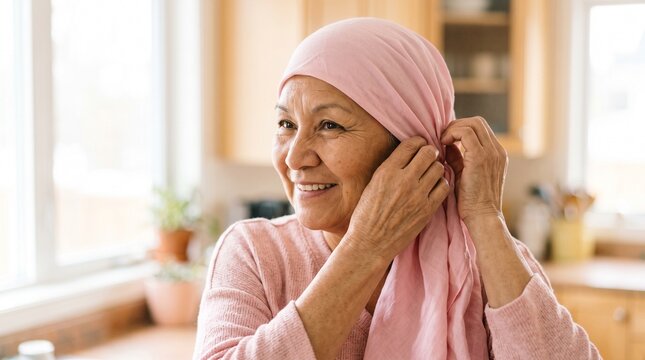 Elderly Woman Adjusting Pink Headscarf with a Gentle Smile